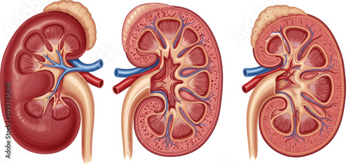 Human kidney anatomy illustration, renal cross section diagram, medical organ structure, urinary system, healthcare education vector