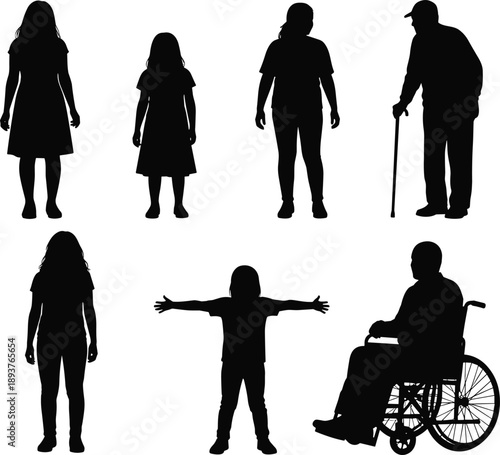 Human Life Stages Silhouette Icon Set Showing Child Adult Elderly And Disabled People In Black Flat Vector Style Isolated On White