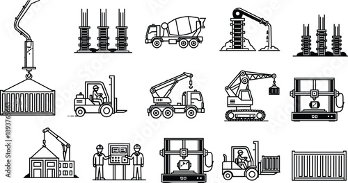 Industrial construction machinery icon set, concrete pump crane forklift container handling equipment, black line vector illustration collection