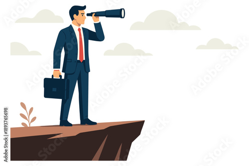 Businessman standing on cliff using telescope to look ahead for future opportunities flat vector illustration
