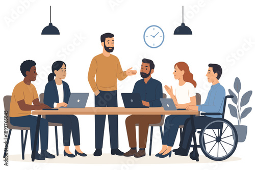 Diverse business team having meeting at table with laptops showing teamwork communication leadership and inclusive workplace flat vector illustration