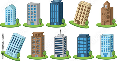 Isometric city buildings collection modern urban architecture skyscrapers residential office towers vector illustration real estate development infrastructure design