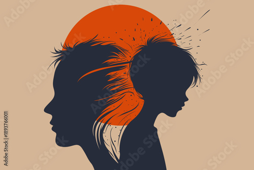 Inner Child Bursting from Woman Head Silhouette with Red Sun