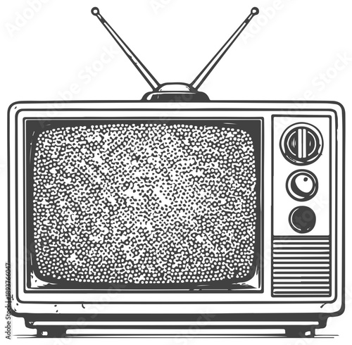 Classic retro television drawing featuring twin antennas, a rounded body, and a static-filled screen. Perfect for nostalgia themes, media history, and vintage electronics