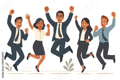 Happy business team jumping together to celebrate success achievement teamwork and positive work result flat vector illustration