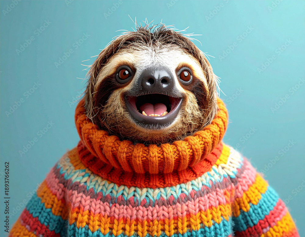 Obraz premium Ein niedliches Faultier in einem bunten Strickpullover lächelt 