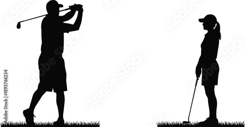 Golf player silhouette swinging club while female golfer watches isolated on white background, sports competition illustration design concept