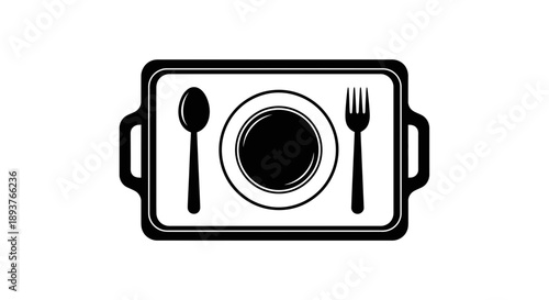 Black Food Tray Icon with Plate, Spoon, and Fork - Restaurant Dining Symbol