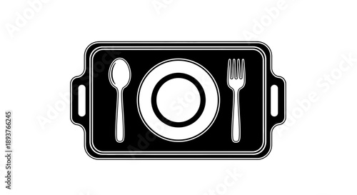Black Food Tray Icon with Plate, Spoon, and Fork - Restaurant Dining Symbol