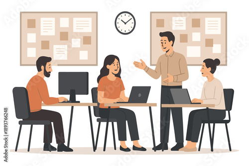 Office team working together at desks with laptops while manager explaining ideas during group discussion flat vector illustration