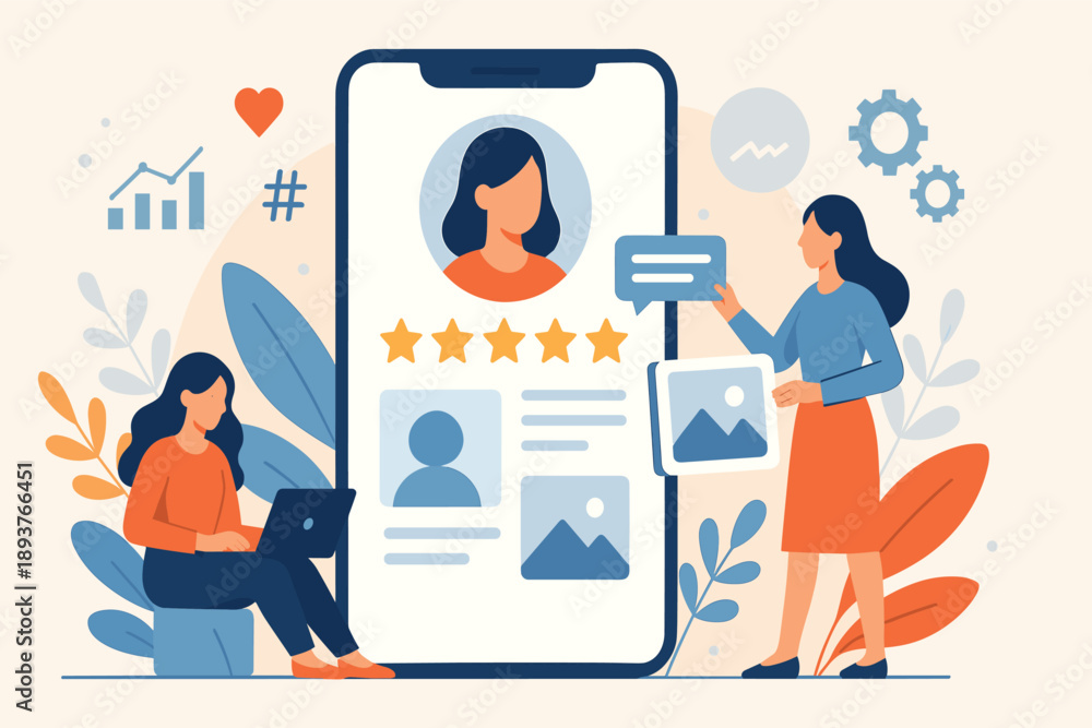 Fototapeta premium People using smartphone app with user profile rating and digital content showing mobile experience flat vector illustration