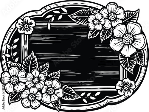 Elegant floral decorative frame with blank rectangular area and corner flower bouquets