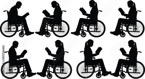 Wheelchair users reading books silhouette collection isolated on white background, disability education inclusion lifestyle illustration set