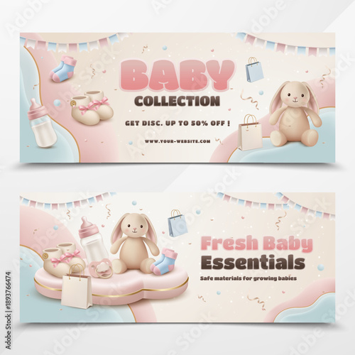Baby store promotional banner composition realistic 3D style