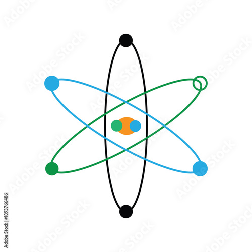 Blue 3D atomic model icon with electrons orbiting nucleus representing science and technology