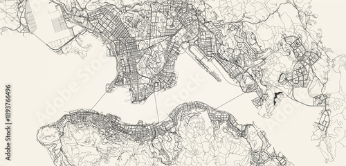 City street and transportation map of Hong Kong, China, in black and light beige. High resolution full frame minimalist poster style road map or urban street plan of Hong Kong. Vintage look.