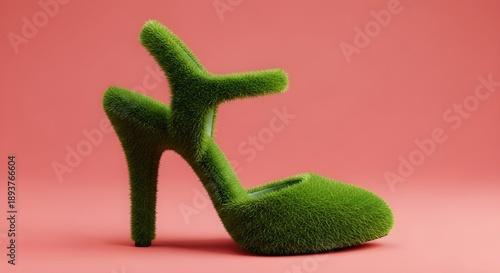 A surreal grass-like high-heeled shoe stands on a solid pink background, showcasing a unique blend of fashion and nature's surreal elements.
