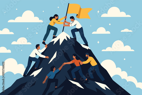 People working together to climb a mountain and place a flag showing teamwork and success flat vector illustration