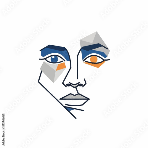 Abstract Geometric Face Art with Blue and Orange Accents.
