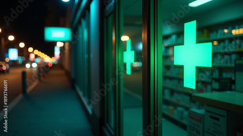 Cinematic moody photo of pharmacy window at night on quiet street. Illuminated green cross and deep blue shadows for nocturnal healthcare scene.
