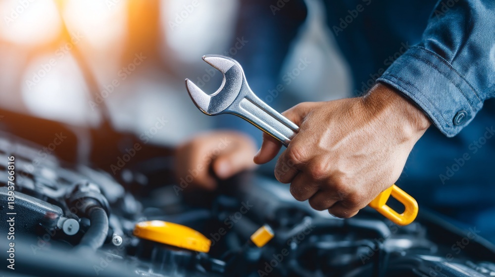 custom made wallpaper toronto digitalIn a bustling garage, a mechanic focuses on fixing a car's engine. Sunlight filters through, highlighting the tools and parts as he skillfully wields a wrench, ready to tackle the repair