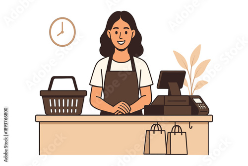 Smiling shop cashier standing behind counter with cash register showing retail service checkout and customer support flat vector illustration