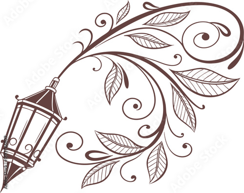 Lantern with flowing vine and leaves, sepia drawing on transparent background