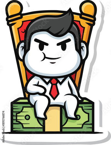 Cartoon businessman sitting on money throne.