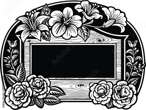 Ornate floral oval frame with blank rectangular space and various flower types for design