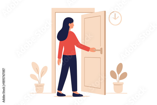 Woman opening door and stepping inside showing new beginning opportunity and welcome moment flat vector illustration