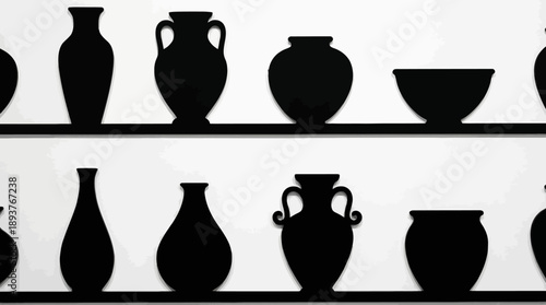 Silhouetted collection of ceramic vases and bowls on two-tier shelves in a minimalist black-and-white still life