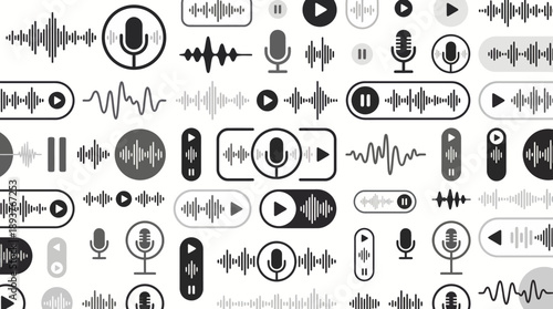 Seamless pattern of music and audio icons including microphones, speakers, waveform elements, play buttons and control sliders
