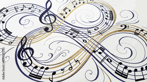 Abstract musical score featuring flowing treble clefs and swirling notes in a vibrant artistic composition