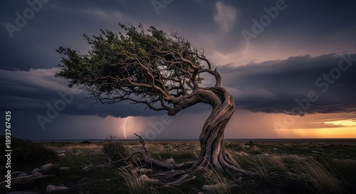 A lone, windswept tree with a lightning strike under a stormy sky