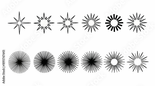 Collection of grayscale radial starburst icons with varying spoke density and hollow to solid styles.