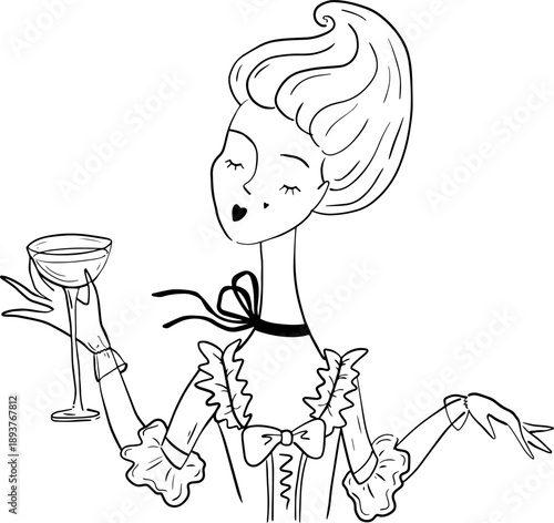 Rococo aesthetics. Hand drawn whimsy line art illustrarion with a woman of high society, aristocrat of the Rococo era