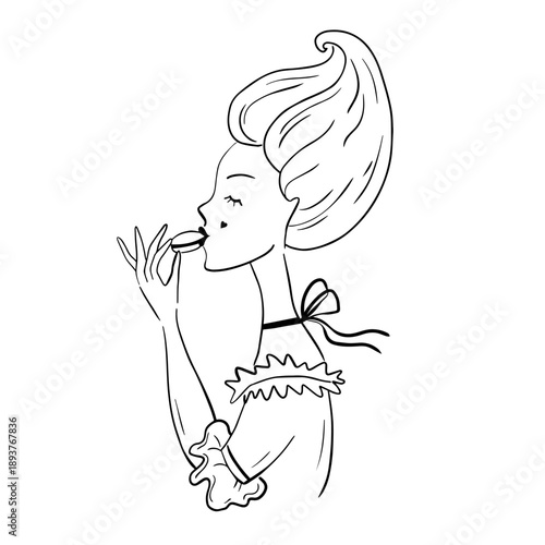 Rococo aesthetics. Hand drawn whimsy line art illustrarion with a woman of high society, aristocrat of the Rococo era, eats a cake