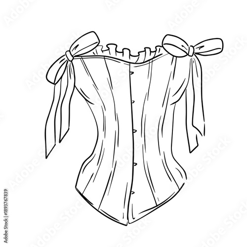 Rococo aesthetics. Hand drawn whimsy line art illustrarion with corset with ribbons