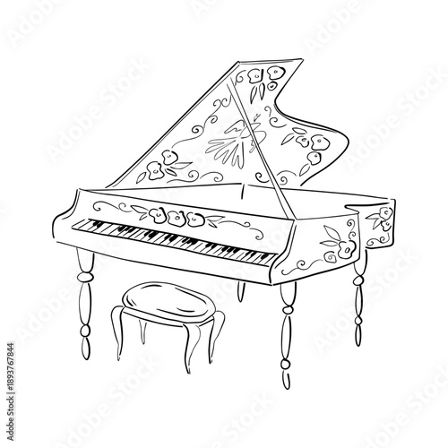 Rococo aesthetics. Hand drawn whimsy line art illustrarion with Rococo floral print piano