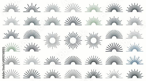 Set of grayscale sunburst icons in multiple styles and orientations for UI design, vector graphics, and web layouts