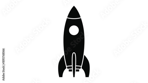 Black silhouette of a rocket ship soaring upwards with space and launch on white background