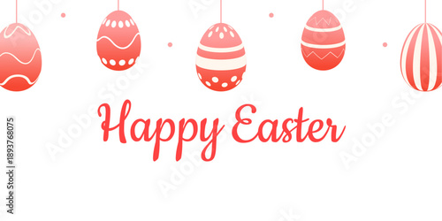 Happy Easter greeting card with hanging pink gradient eggs. Festive vector template for holiday invitations, banners and spring celebrations.