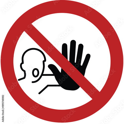Illustration of prohibition sign with person and hand indicating stop or warning