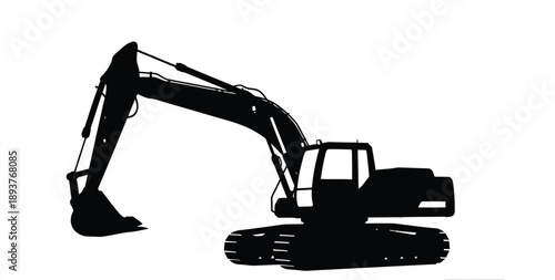 Black silhouette of a heavy excavator machine with heavy machinery and construction on white background