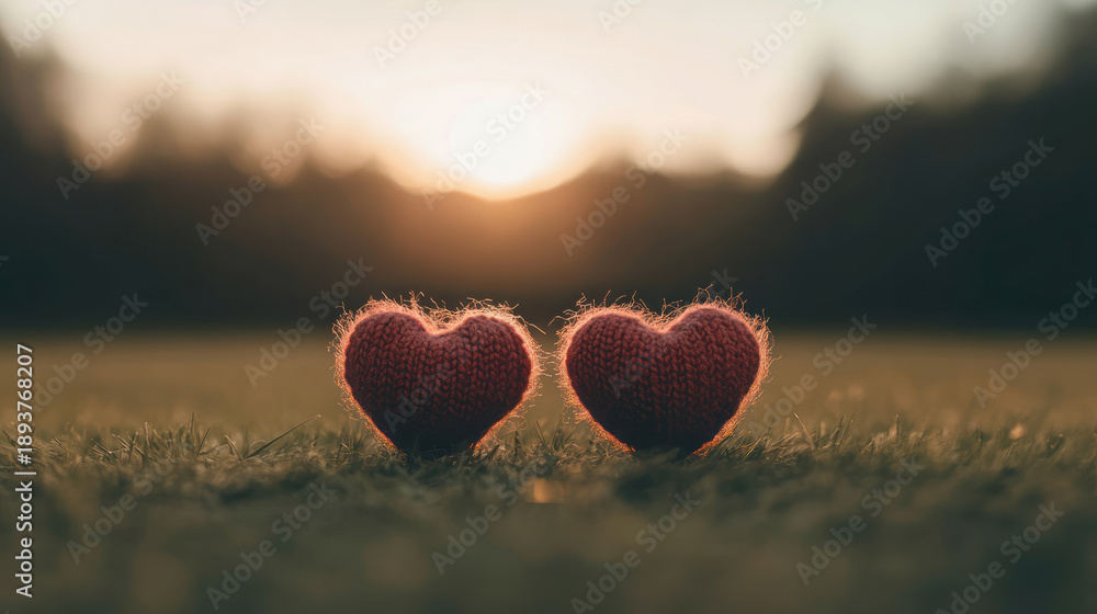 Fototapeta premium Two knitted hearts on grass at sunset outdoors