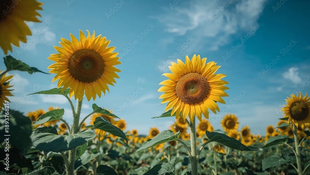 Fototapeta premium Vibrant sunflowers reaching for the sky in a field on a bright, sunny day