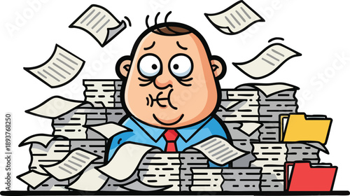 Man Overwhelmed by Stacks of Documents.