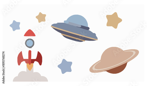 Cute 3D Space Elements Rocket UFO Saturn Vector Illustration Set