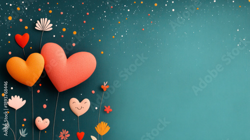 Colorful heart shapes on teal background with flowers