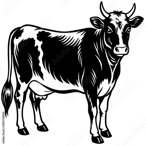 Majestic black and white cow standing proudly with curved horns